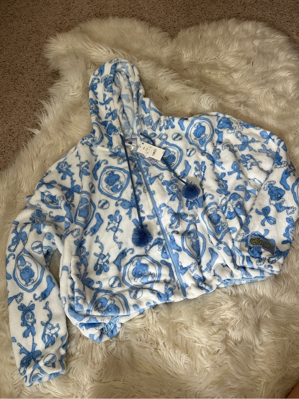 NWT Grinch Blue & White Plush Zip-Up Hoodie with Pom Drawstrings